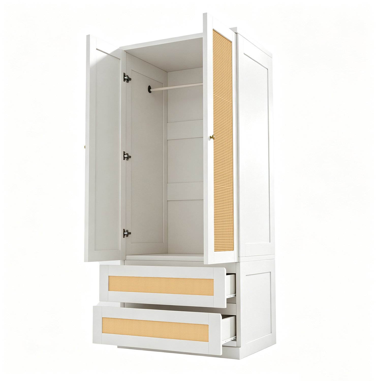 Kledingkast Met Kunstrotan Deuren - 70 x 55 x 170 cm - Twee Draaideuren En Twee Lades Met Groot Opbergvak - Wit - Voor Slaapkamer En Kleedkamer