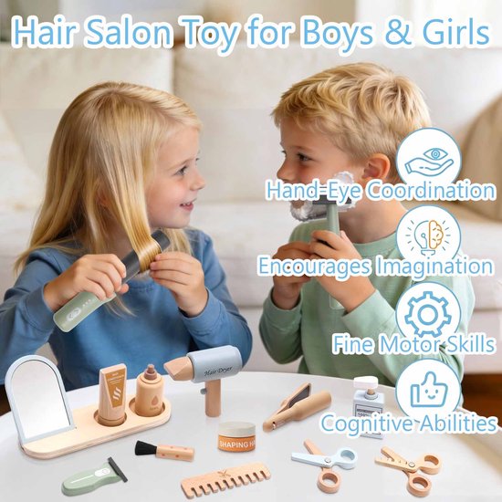 Houten kappersset Voor Kinderen - Kappersspeelgoed Voor Meisjes Met Föhn, Kam en Spiegel - Rollenspel Kapsalon — afbeelding 4
