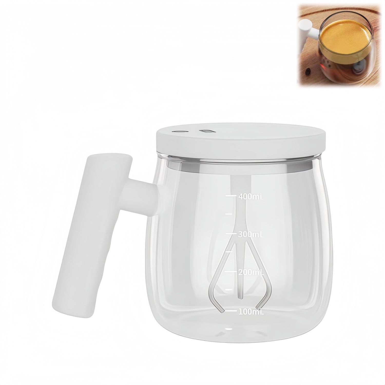 1 stuk ‑ elektrische zelfroerbeker ‑ automatische roerbeker - shakebeker - melkpoederbeker ‑ glas materiaal - USB-opladen - 400ml ‑ koffie, melkpoeder, thuis, kantoor ‑ wit