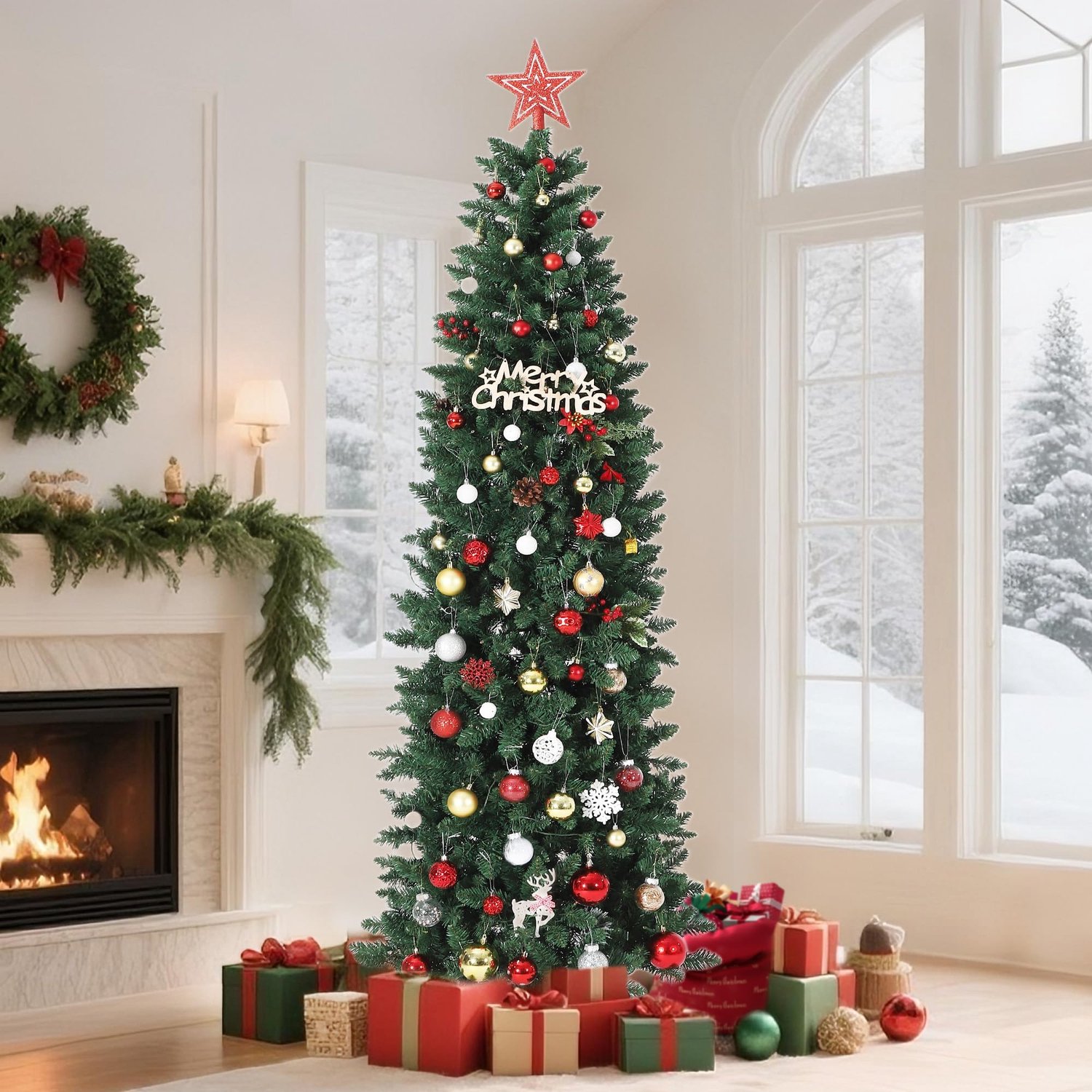 Kunstkerstboom 180 cm - Smalle Kerstboom met LED‑verlichting - Realistische levensechte takken - Metalen Standaard - Eenvoudige Montage - voor Binnen - Groen