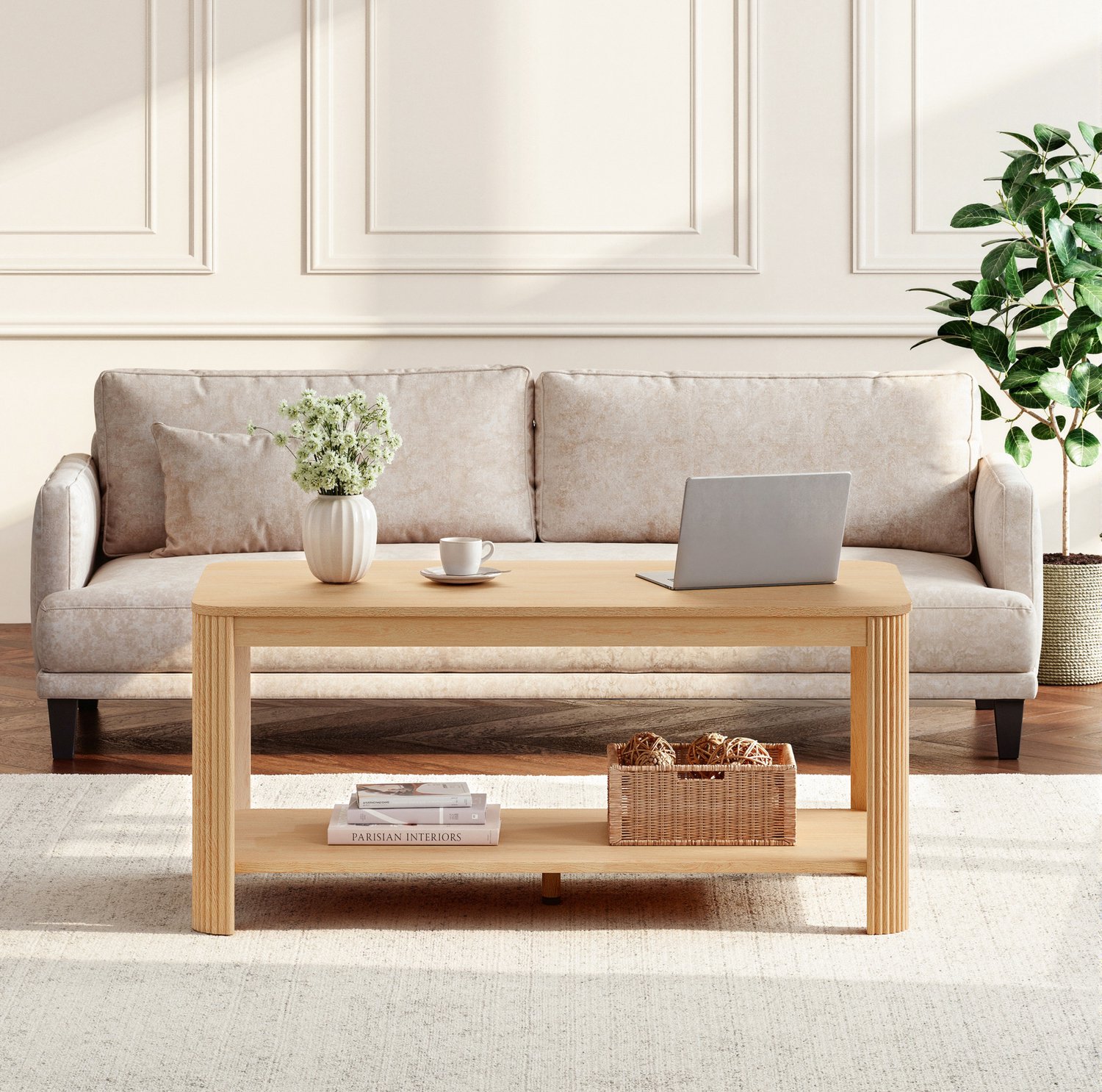 MIVRAY Salontafel - Rechthoekig Met Dubbele Open Opbergruimte - Voor Woonkamer - Spaanplaat - Natuurlijk - 100 X 50 X 45 Cm Naturel