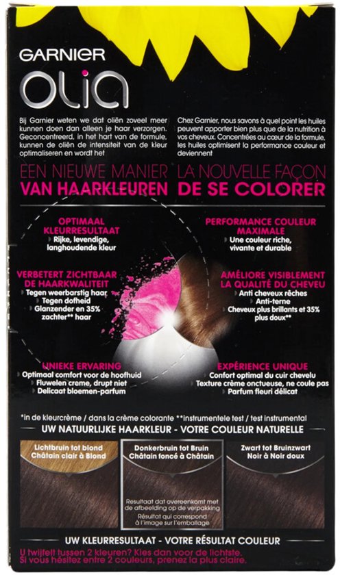 Achterkant van de Garnier Olia verpakking met productvoordelen, productinformatie en kleurvoorbeelden.