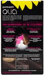 Achterkant van de Garnier Olia verpakking met productvoordelen, productinformatie en kleurvoorbeelden.