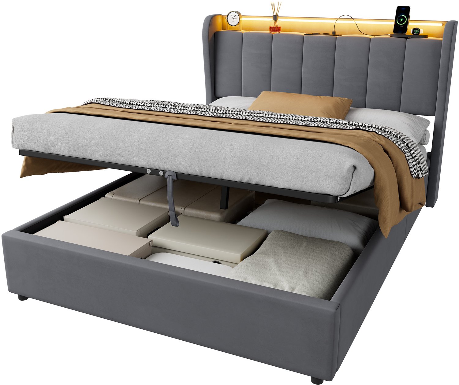 MODENUIT Gestoffeerd Bed 140x190 cm – Hydraulische Opbergruimte en Laadstation – Zonder Matras – Donkergrijs