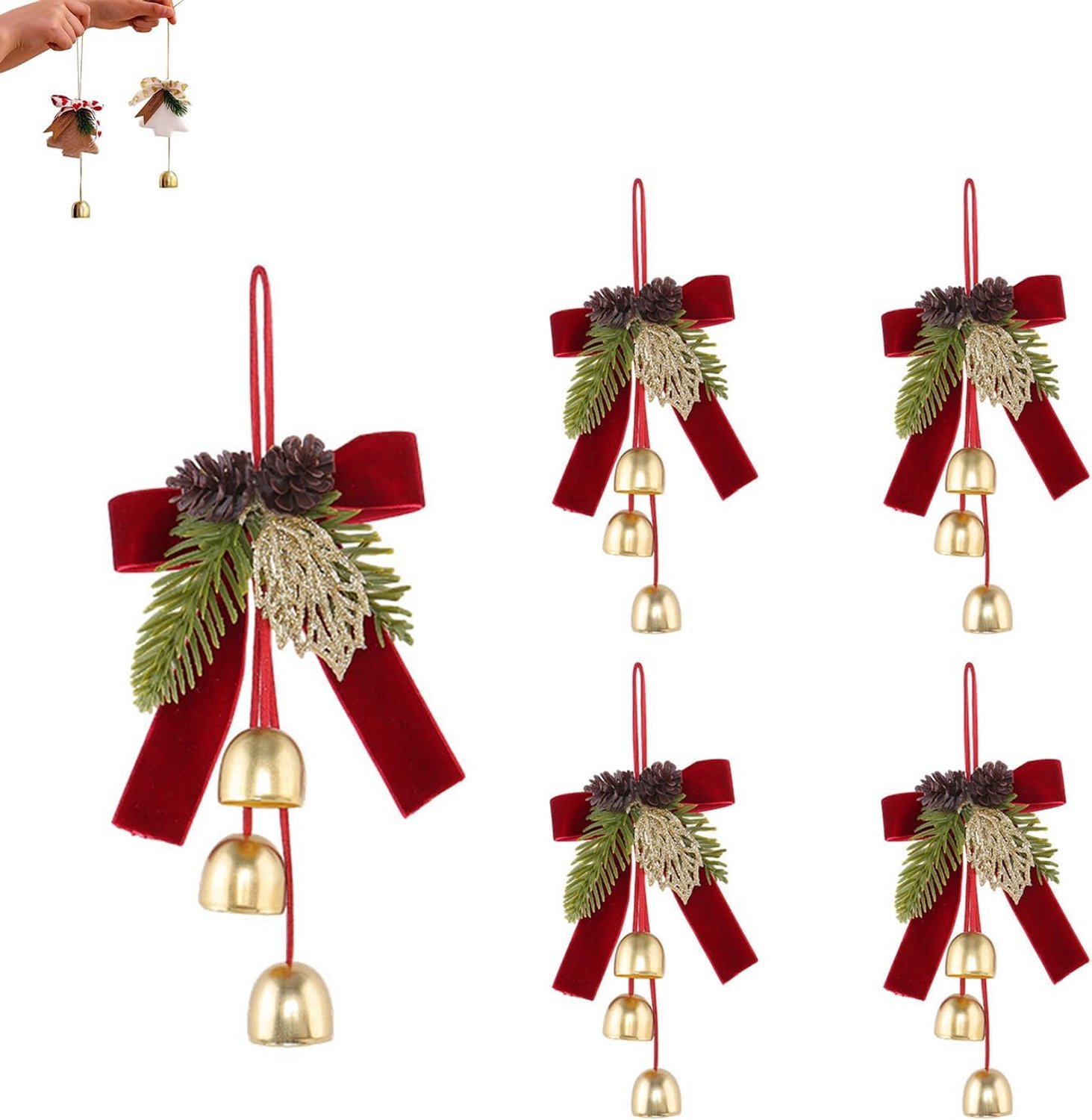 Set van 4 kersthangers met belletjes voor de deur – ornament voor deurklink met fluwelen strik, dennenappel en dennentak – hangdecoratie voor krans, boom, kast of interieur – ontwerp met drie belletjes en rode strik