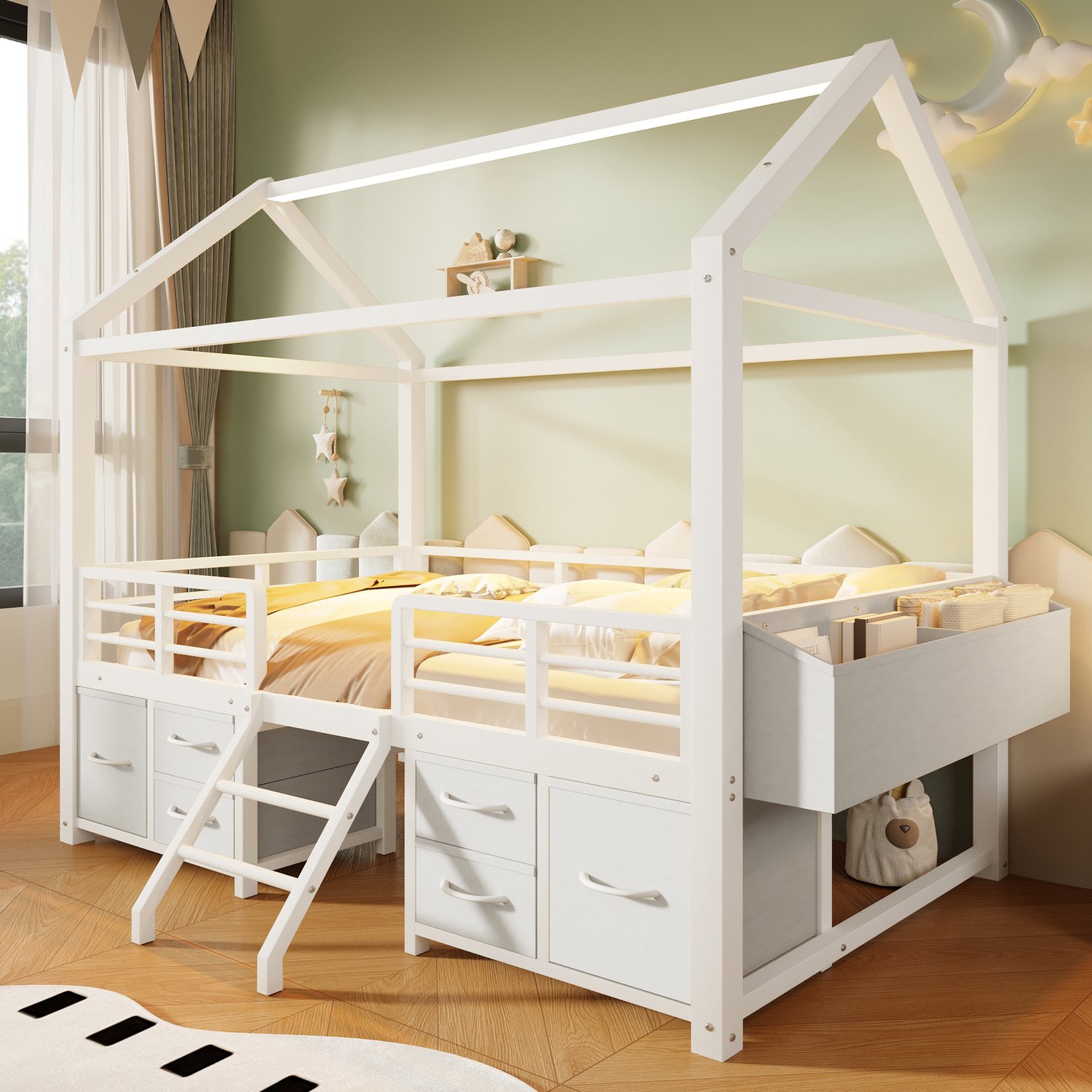 Hoogslaper 90 X 200 cm Met Huisdak, Kinderbed, Eenpersoonsbed, Led‑Verlichting Kinderbed Van Metaal Met Meerdere Stoffen Lades, Wit