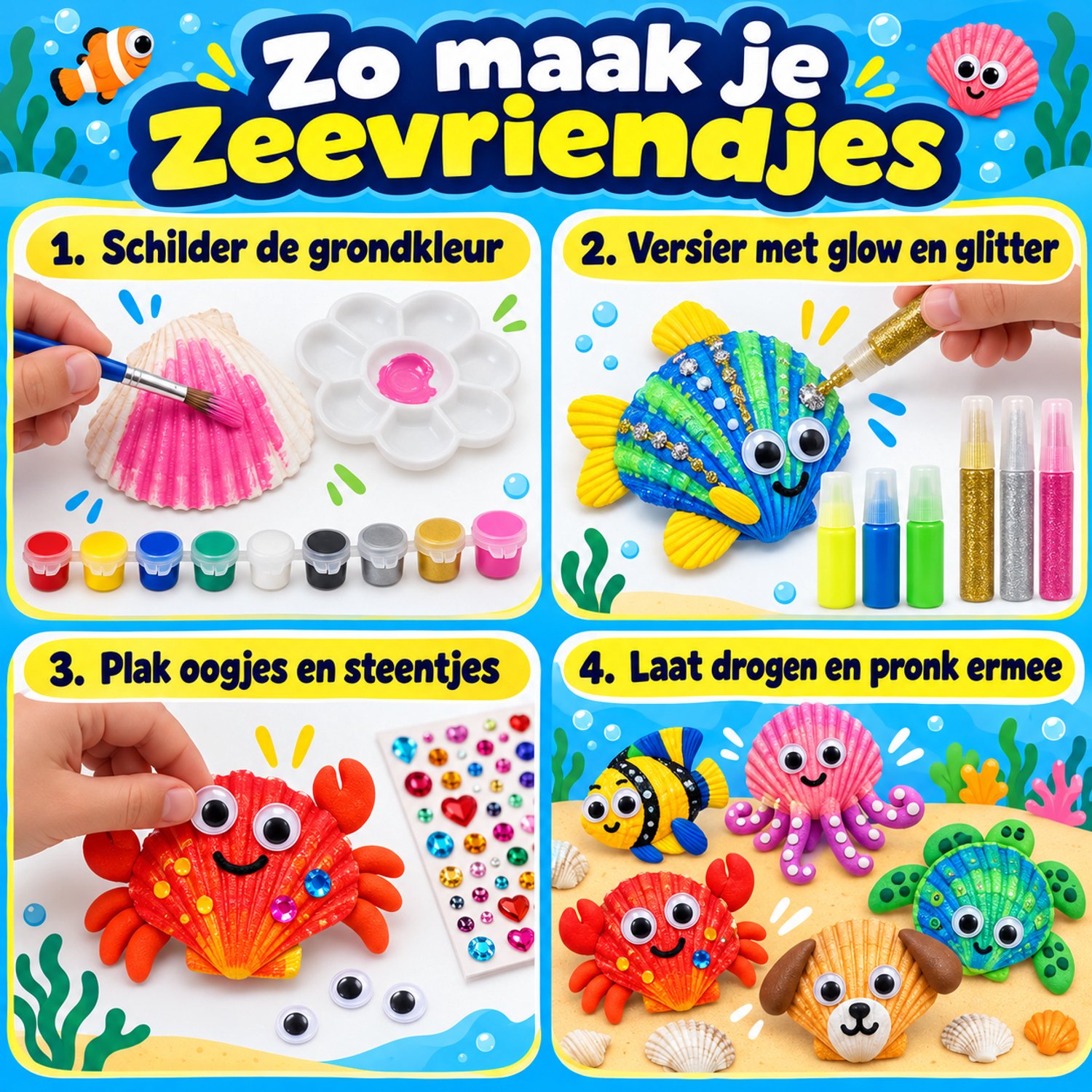 Twenty4seven® Schelpen Schilderen Set - 14 Schelpen met 9 Acrylverf Potjes - Glow in the Dark - Knutselpakket & Knutselset Kinderen - Penselen, Klei & Stickers — afbeelding 7