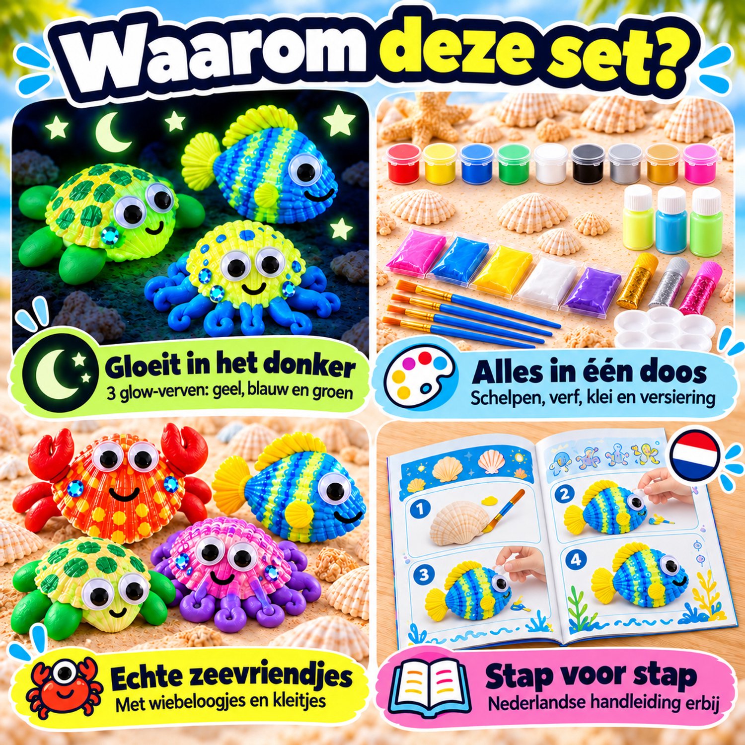 Twenty4seven® Schelpen Schilderen Set - 14 Schelpen met 9 Acrylverf Potjes - Glow in the Dark - Knutselpakket & Knutselset Kinderen - Penselen, Klei & Stickers — afbeelding 6