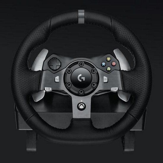 Zwart lederen Logitech G racestuur voor Xbox met centrale G-logo en gekleurde knoppen.