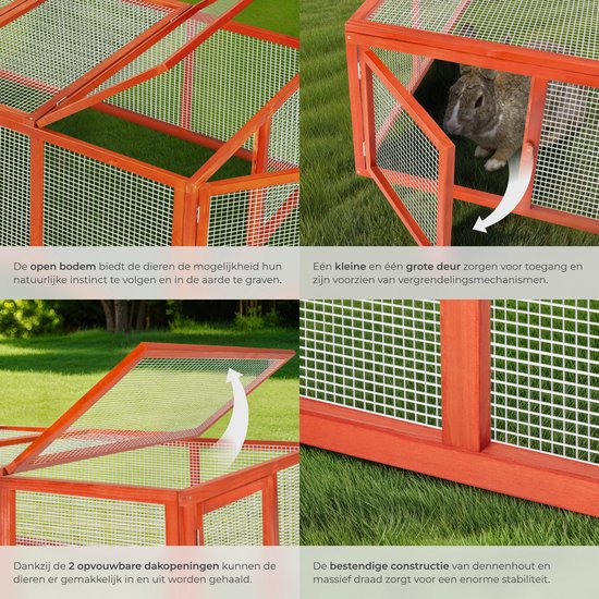 Details van de oranje houten ren: opklapbare daken, deuren met sluiting, open bodem en robuuste constructie.