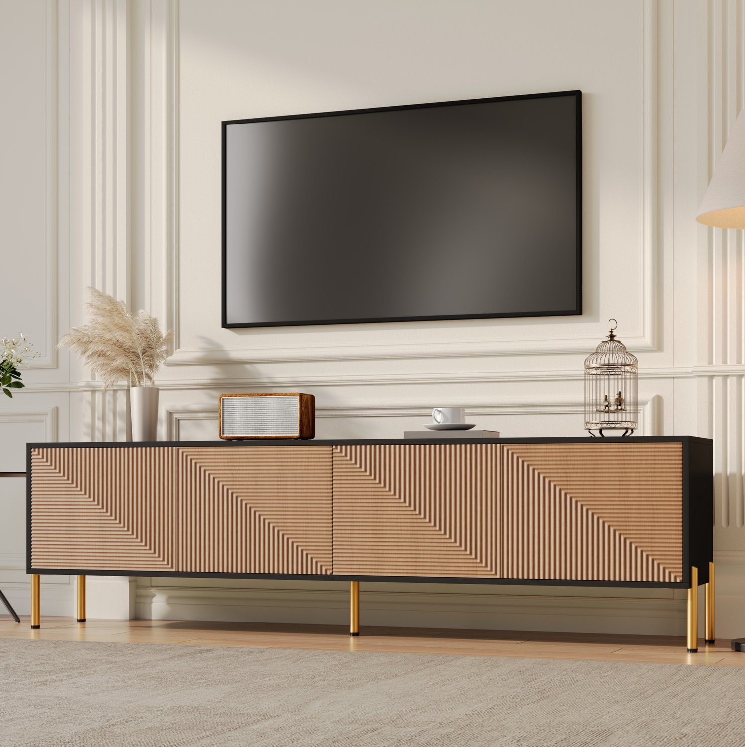 Maisentiel TV-meubel 179 x 35 x 53,5 cm - 4 deuren, spaanplaat, zwart en naturel