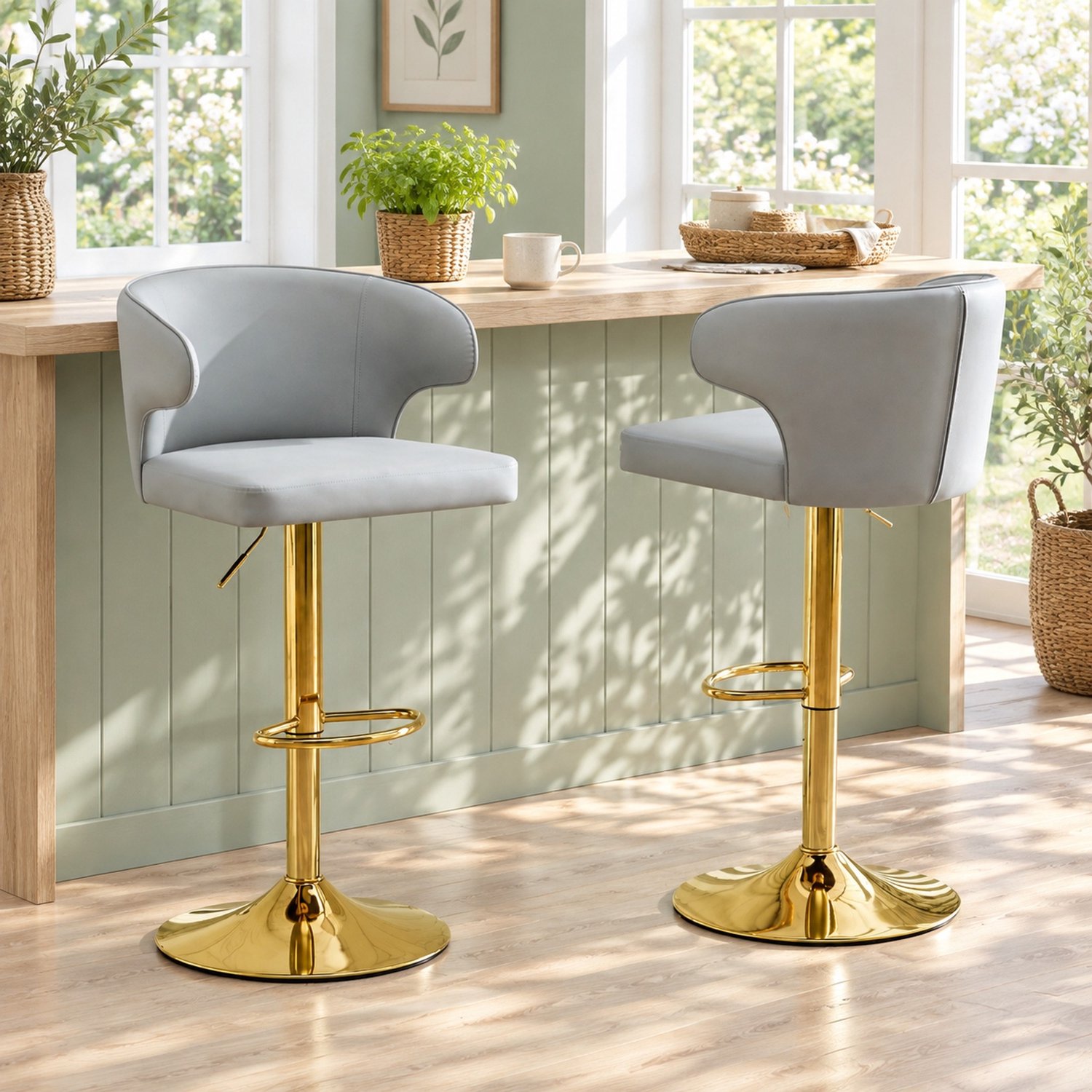 CHICFURN Barkrukken - Set van 2 - Verstelbaar - Met rugleuning - Lichtgrijs