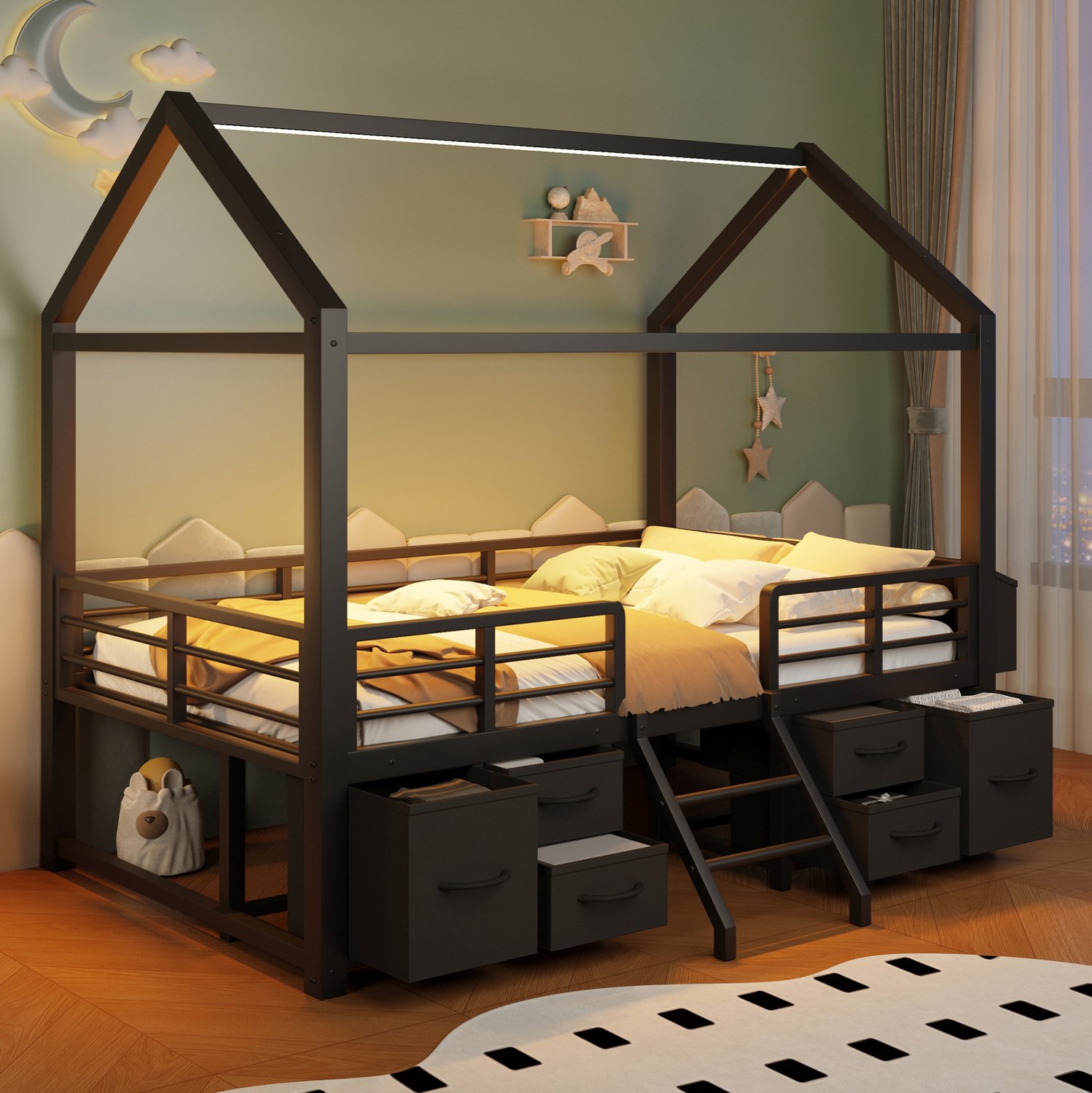 MODENUIT Hoogslaper – 90 x 200 cm – Met Ledverlichting En Stoffen Laden – Metaal En MDF – Zwart – Kinderbed