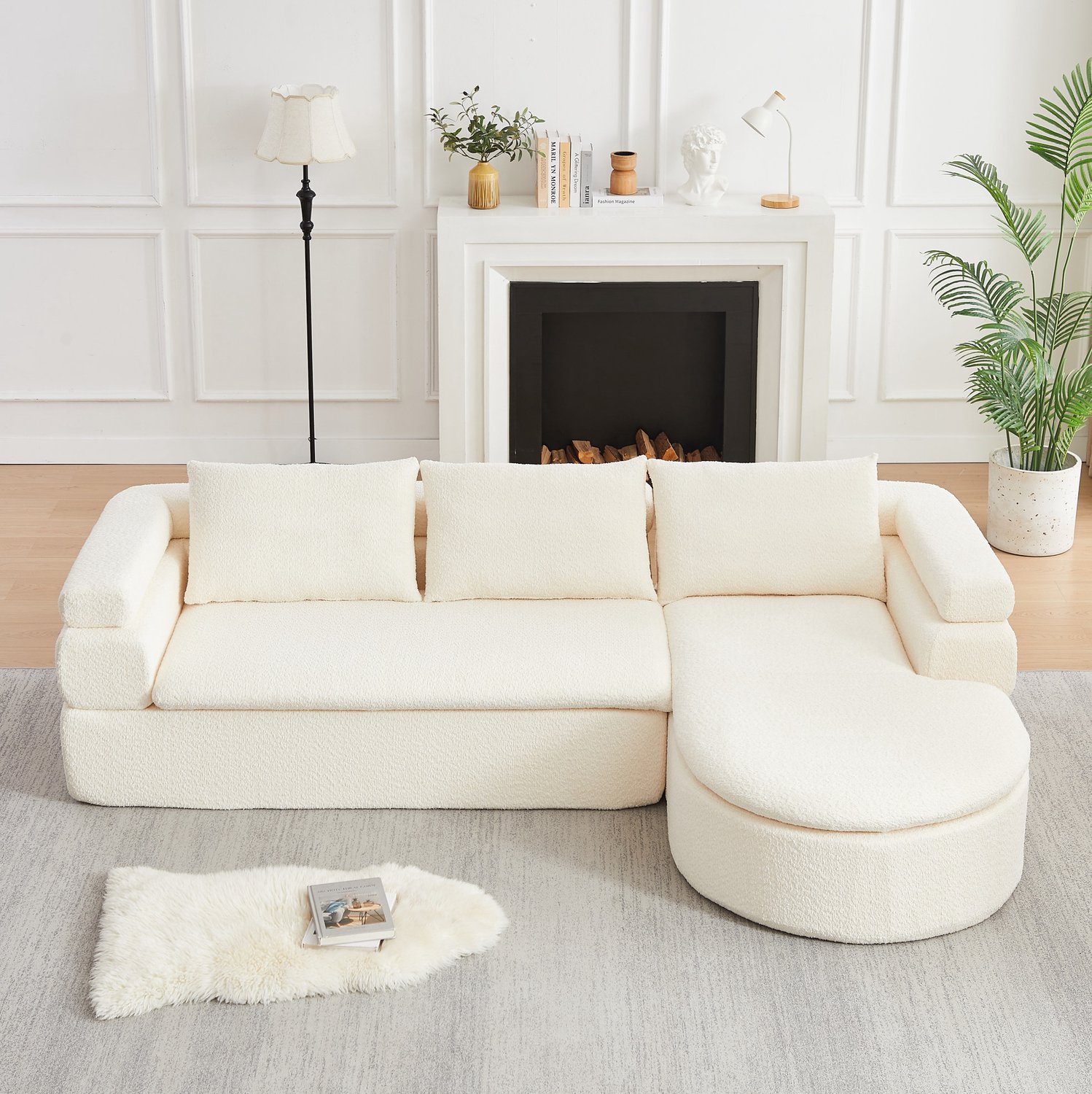 Wishdor Hoekbank met chaise longue rechts - 3-zits met drie dikke rugkussens - Trapvormige armleuning - Afgerond wolkendesign - Woonkamer kantoor salon - Chenille - Beige - 260 x 170 x 65 cm