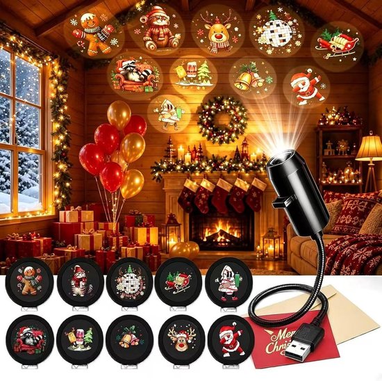 USB-kerstprojector en 10 ronde schijven met kerstafbeeldingen, gepresenteerd in een feestelijke woonkamer.