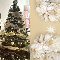 Versierde kerstboom met verlichting en wit-gouden gaaslinten naast close-ups van feestelijke kransen.