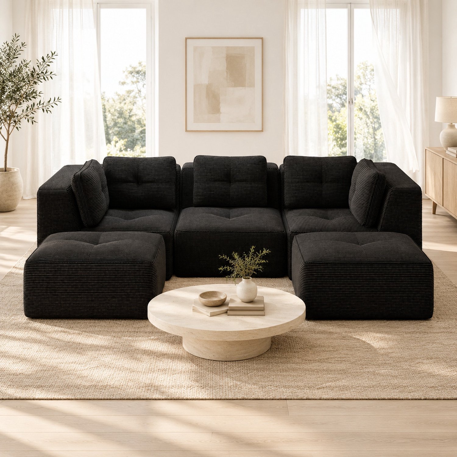 WUVRIE Modulaire hoekbank 3-zits 297x177 cm - Diepe zitting en ribfluweel - Zwart