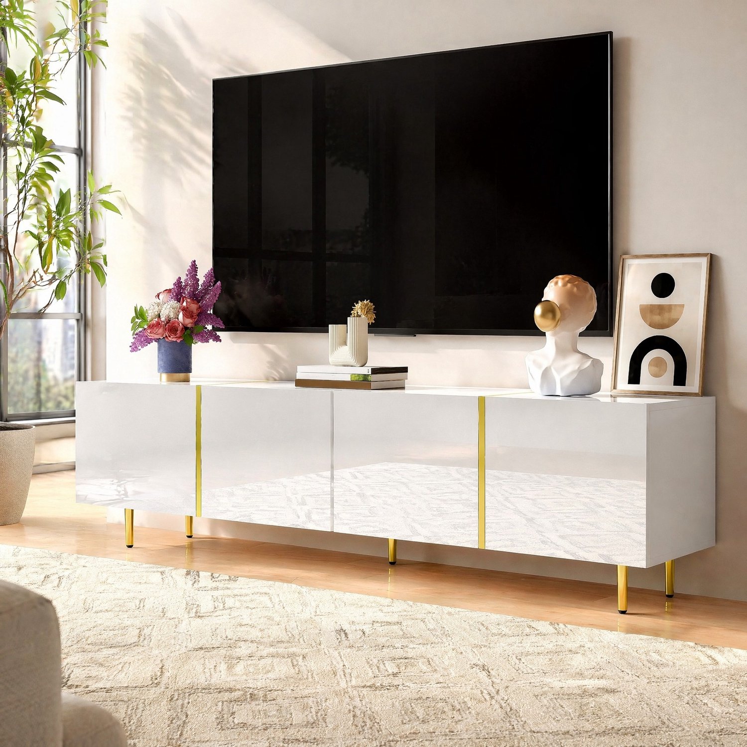 Maisentiel TV-meubel 170 cm - 4 deuren met soft-close - hoogglans MDF - wit met goud