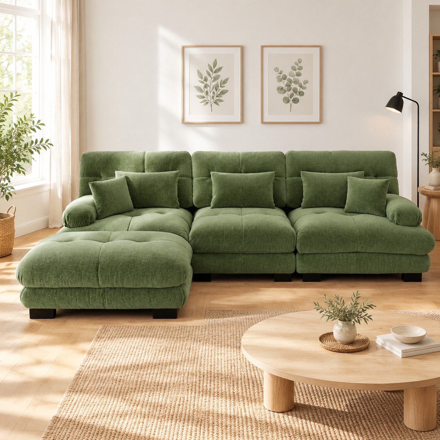 WUVRIE Modulaire hoekbank 313x145 cm - Met verplaatsbare ottomans en diepe zitting - Groen chenille