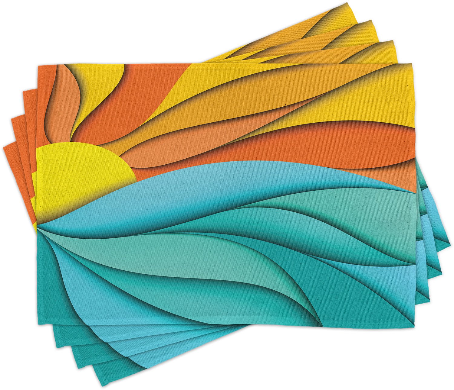 ABAKUHAUS Zon Placemats Set van 4, Abstract Sunset en Sunrise Concept Oceaan Zee Golven Achtergrond, Wasbare Stoffen Placemats voor de Eettafel, Standaardformaat, Turkoois Oranje