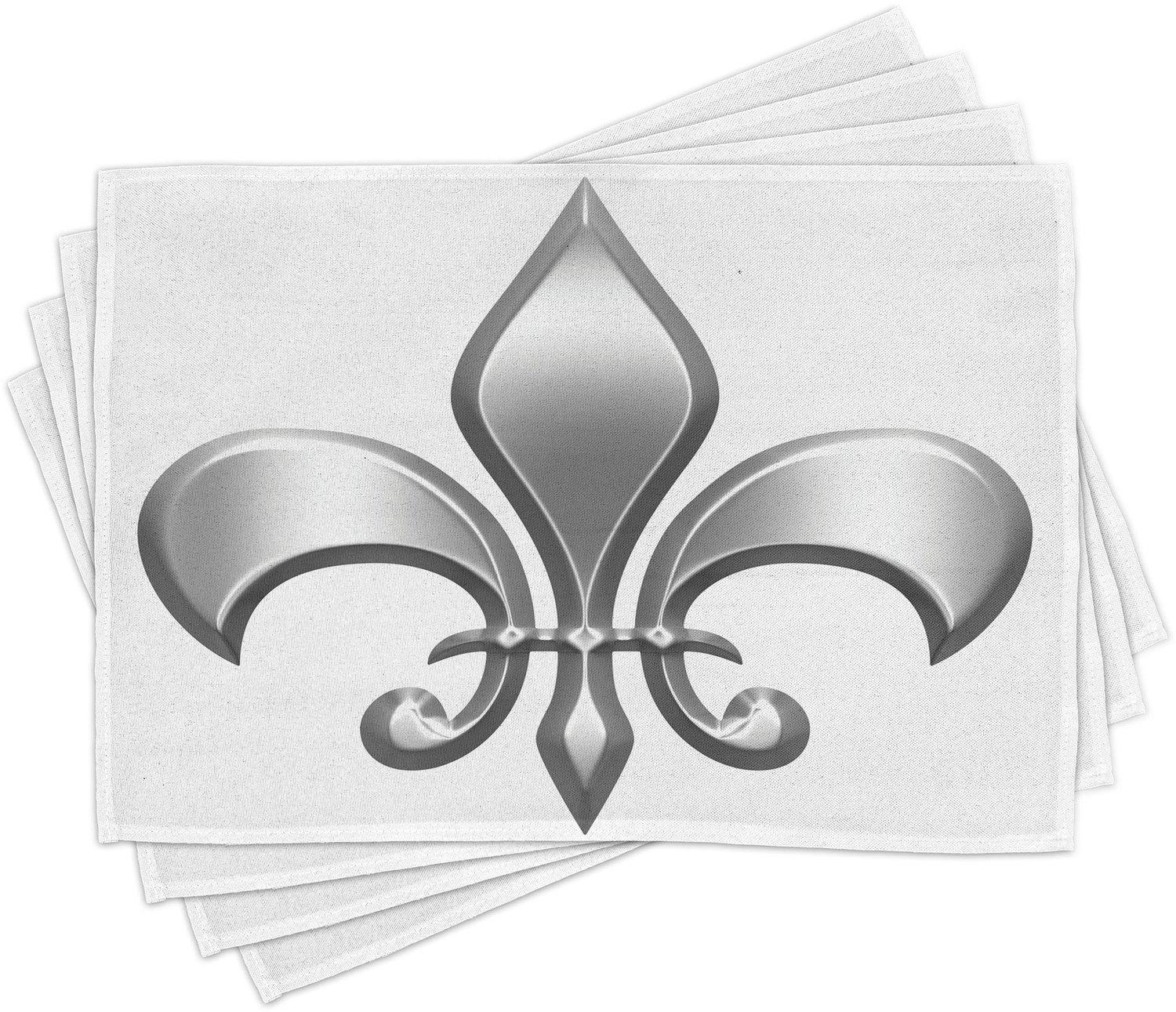ABAKUHAUS Fleur-de-Lis Placemats Set van 4, Lelie Bloem Adel van Ridders in Middeleeuwse Tijd Europese Iris, Wasbare Stoffen Placemats voor de Eettafel, Standaardformaat, Wit Zilver