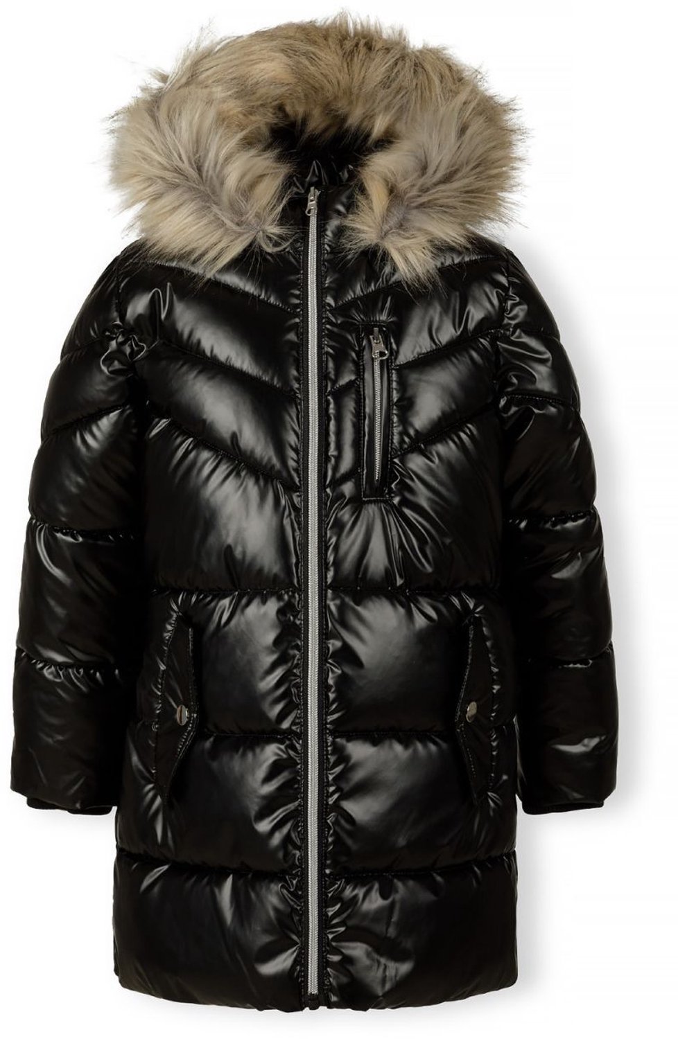 Minoti winterjas meisje – glanzende parka – rand van imitatiebont – zwart