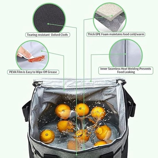 Geïsoleerde lunchtas van 15 liter met schouderriem, picknickkoeltas met ingebouwd koelelement, lekvrij en opvouwbaar, lichtgewicht (300 g), geschikt voor werk en reizen. Afmetingen: 32,4 x 26,4 x 19,9 cm, klein, grijs. — afbeelding 3