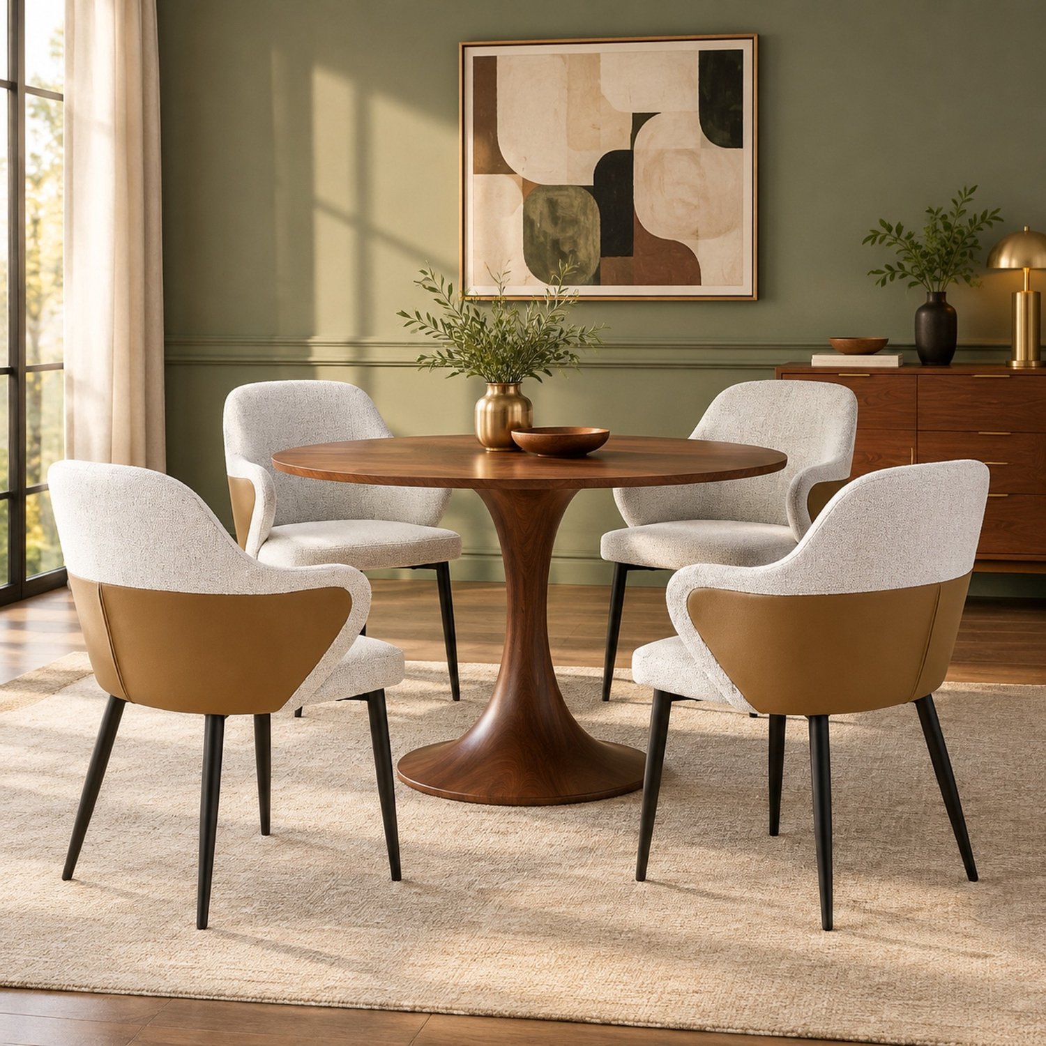 WUVRIE Eetkamerstoelen set van 2 - Stof met bruin PU en metalen poten - Lichtgrijs