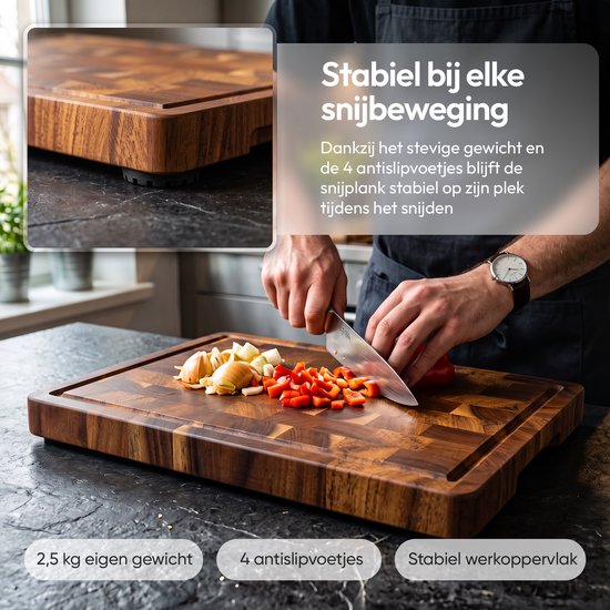 Aviro Professionele Snijplank - Acacia Hout - Sapgeul & Handvaten - Anti-Slip Borrelplank - 38x26x3.5 cm - PFAS-vrij - Hakblok Kopshout — cadeau in Kookcadeaus - foto 6