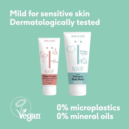 Twee tubes Naïf babyverzorging op mintgroene achtergrond. Rechts: 2-in-1 Shampoo Body Wash. Links: Baby Cream.