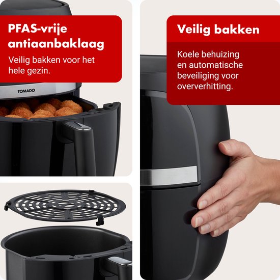 Zwarte airfryer, met de mand eruit gehaald om gefrituurde snacks te tonen. Een hand raakt de zijkant aan. Tekst: "PFAS-vrije antiaanbaklaag Veilig bakken voor het hele gezin." "Veilig bakken Koel huis en automatische oververhittingsbeveiliging."