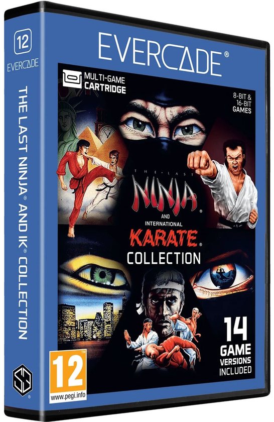 Blauwe Evercade-speldoos voor The Last Ninja en International Karate Collection, 14 spellen.