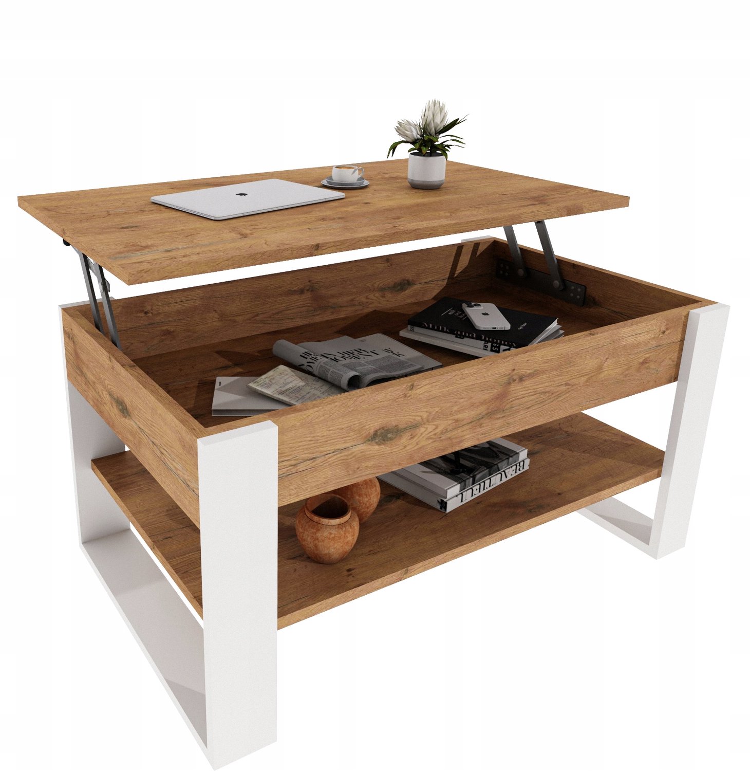 Mobelkap Salontafel met liftblad - opbergruimte, Lancelot eikenlook/wit