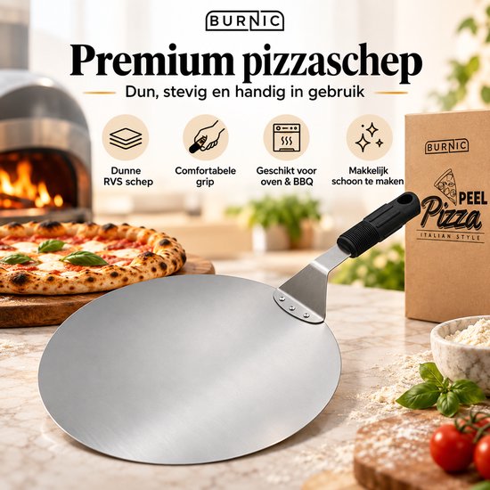 Premium ronde RVS pizzaschep met zwarte grip, naast een Burnic doos en verse pizza op een houten plank.