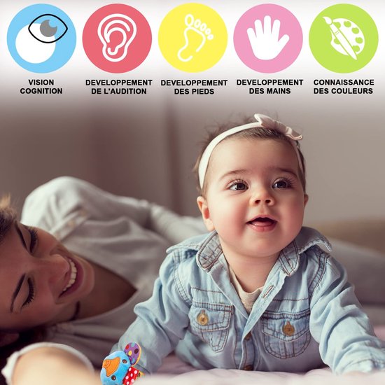 Babyspeelgoed 3-6 maanden – Set van polsrammelaars en sokjes met voetzoekers – Zacht pluche knisperspeeltje – Stimuleert grijpen en schoppen – Sensorisch speelgoed voor baby's van 0 tot 12 maanden – Kraamcadeau voor jongens en meisjes — afbeelding 3