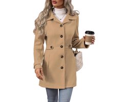 Wollen Mantel Dames Revers Met Riem Slim Fit Wintermantel-khaki-S