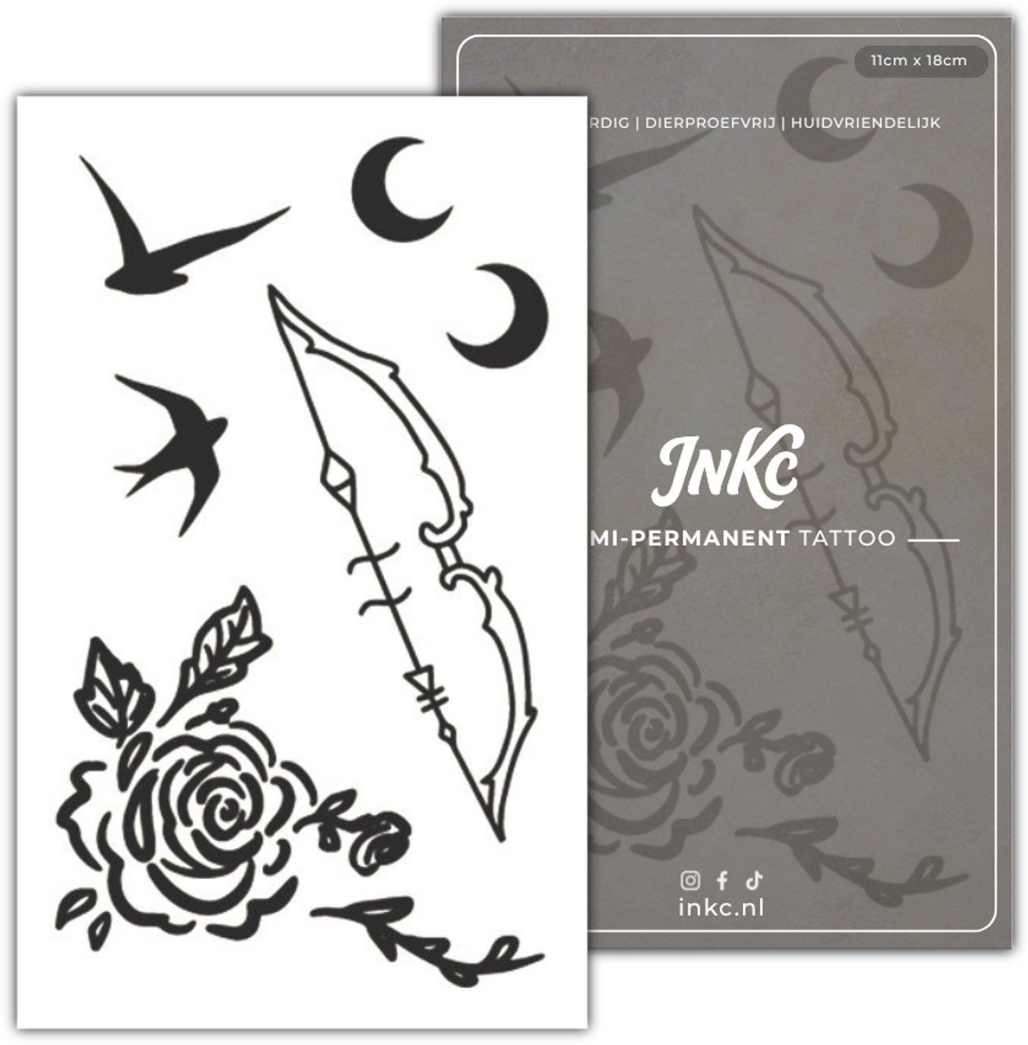 INKC - Tijdelijke Tattoo - Vogel Boog - Nep Tattoo - Plak Tattoos - Blijft tot 2 weken - 11 x 18cm