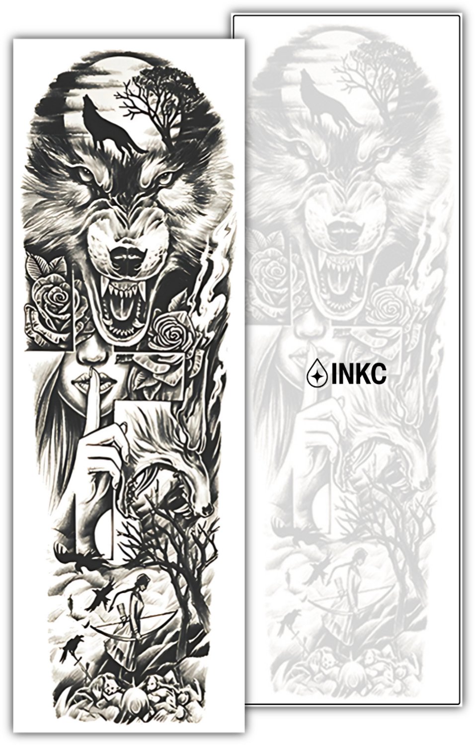 INKC - Tijdelijke Tattoo - Stille Wolf Sleeve - Nep Tattoo - Plak Tattoos - Blijft tot 2 weken - 16 x 47cm
