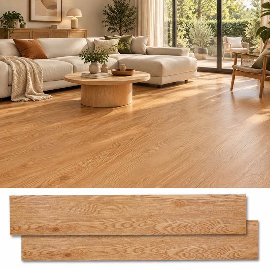 Lames de sol PVC adhésives aspect chêne clair, installées dans un salon lumineux.
