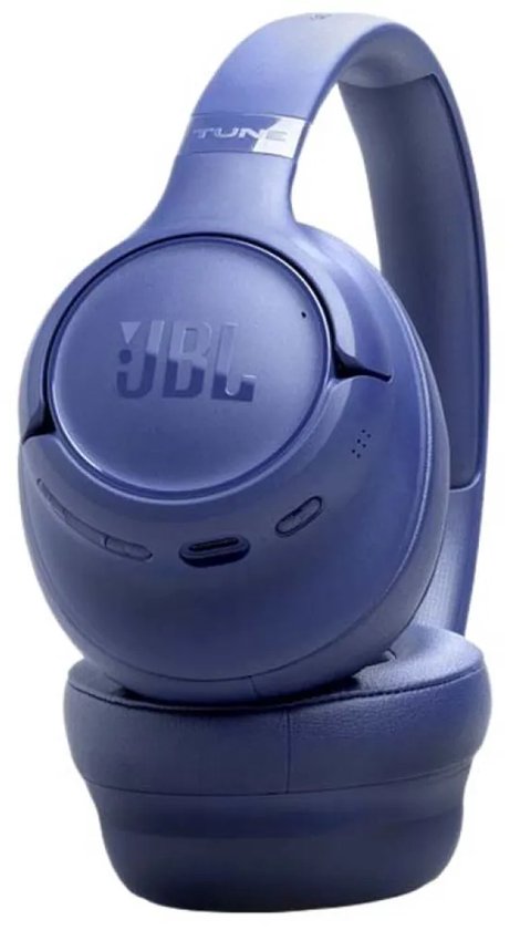 Blauwe JBL Tune over-ear koptelefoon, zijaanzicht met oorschelp en knoppen.