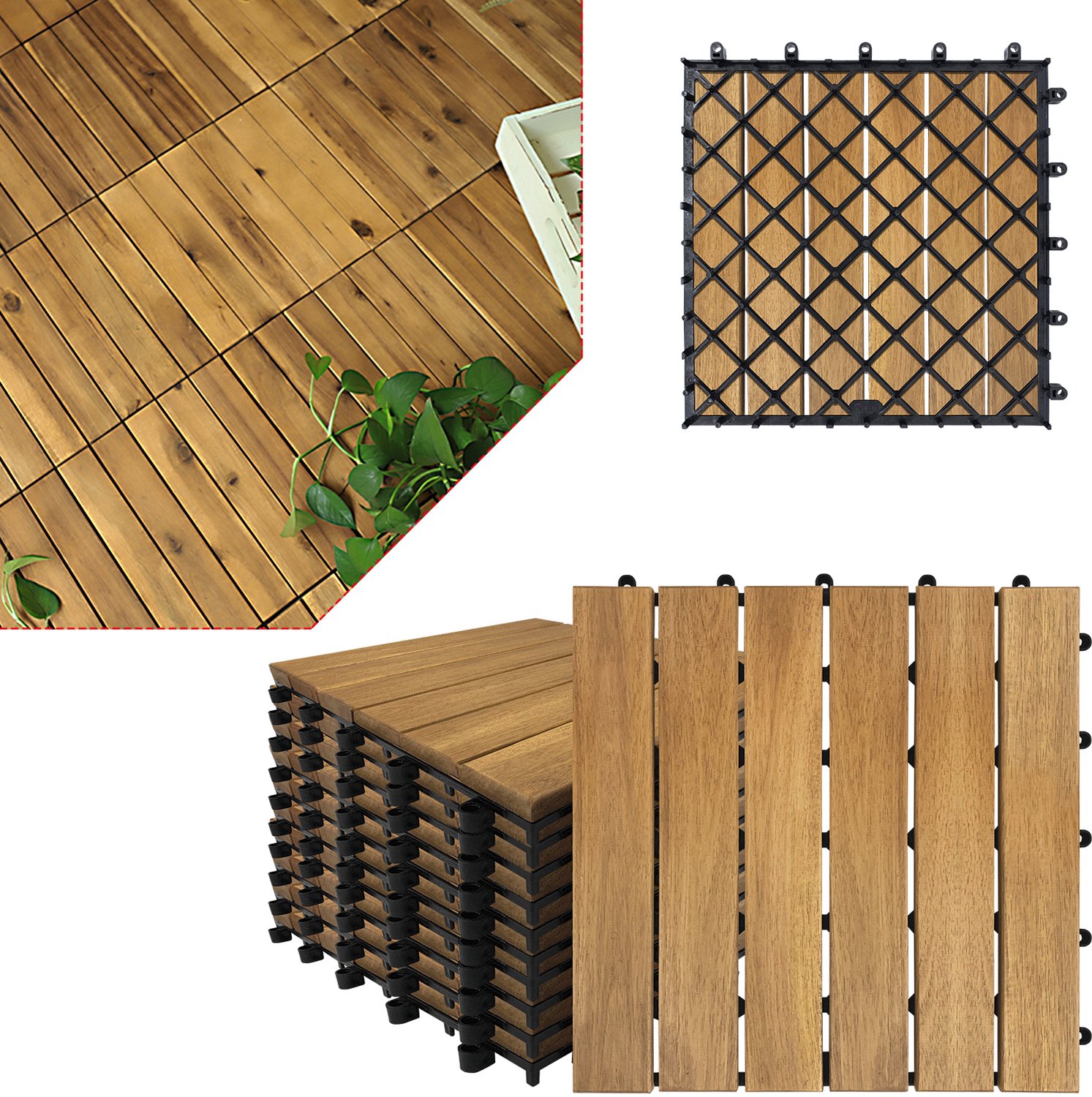 Aufun Houten terrastegels - 1 m² - 11 stuks 30x30 cm - Model A - Met drainage - Voor tuin en balkon