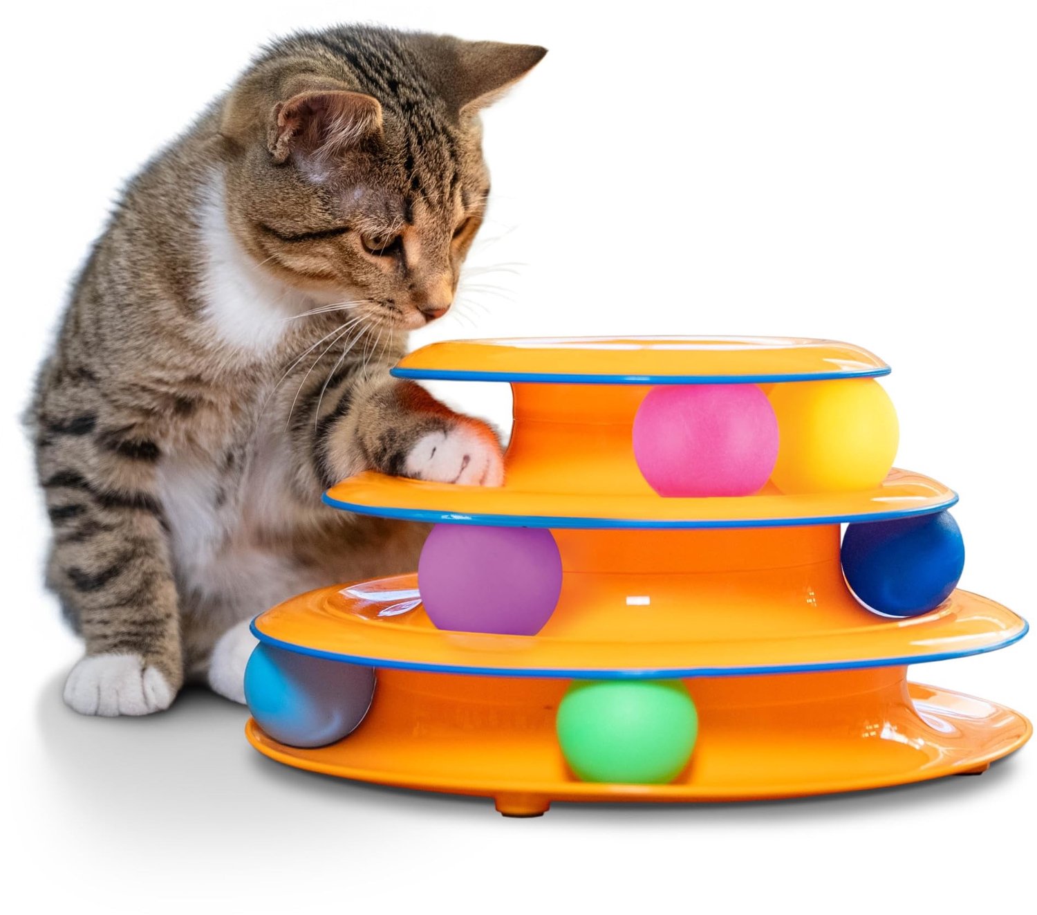 Famanu – Interactief kattenspeeltje, speeltoren met 3 etages voor katten, meerkleurig ontwerp voor uren speelplezier