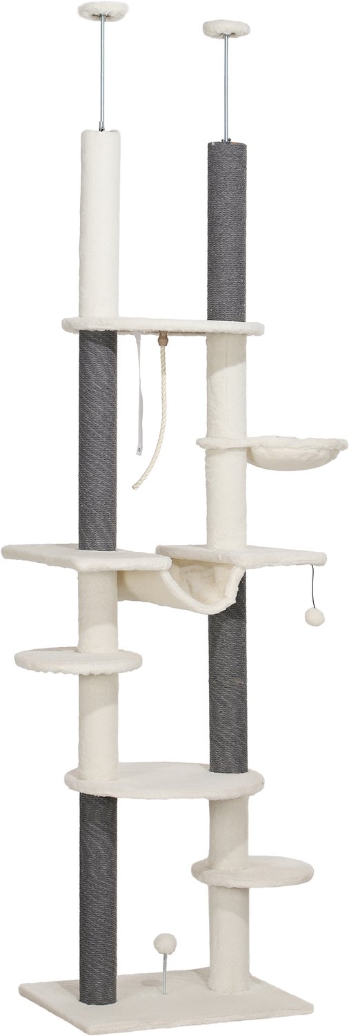 Pawona Deckenhoge krabpaal - Met hangmatten en ligplateaus - In hoogte verstelbaar 225-255 cm - 60 x 44 x 225-255 cm - Wit/Grijs