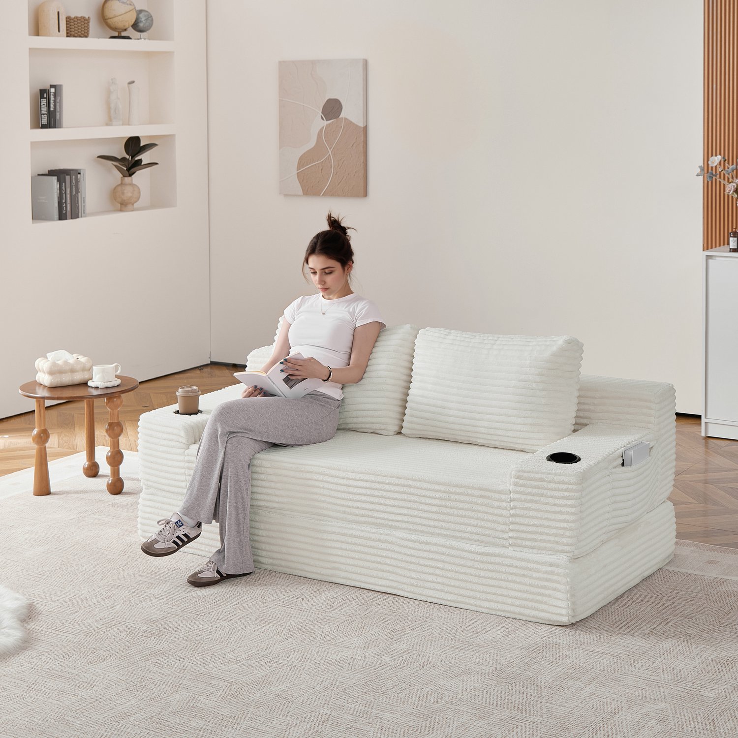 VVBV Slaapbank met Opbergruimte – Bekerhouders, 2-in-1, Armleuningen, Eenvoudige Montage – voor Woonkamer/Slaapkamer – Ribstof – Beige