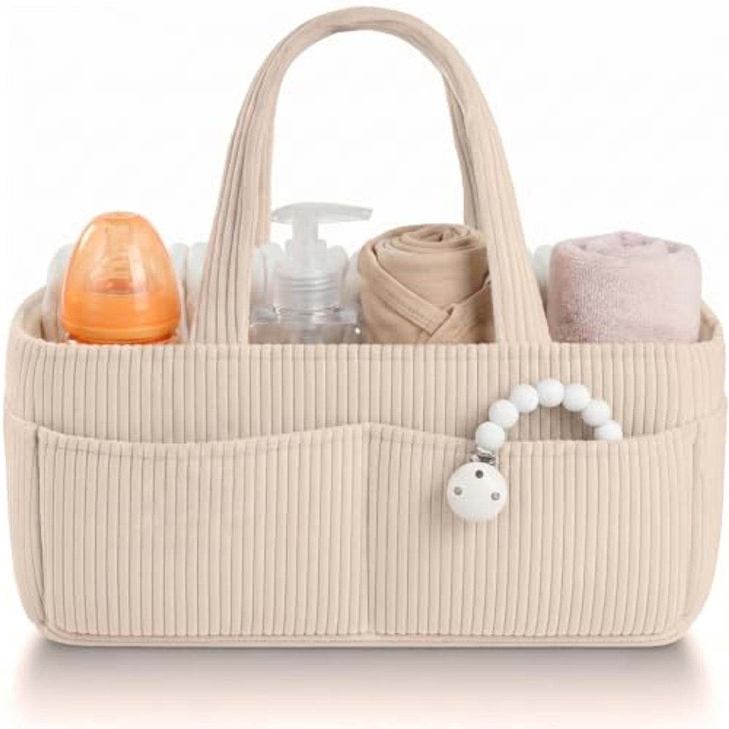 Luiertas, opbergmand, ruime corduroy luiertas, draagbare tas voor moeder en baby (gebroken wit)