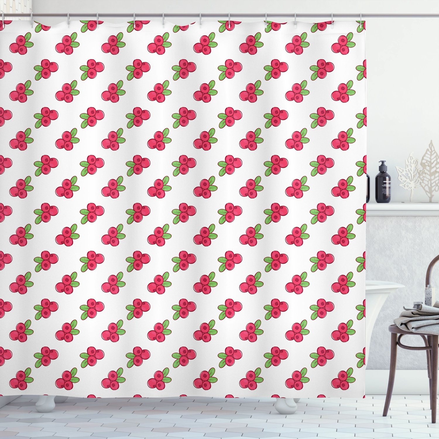 ABAKUHAUS Cranberry Douchegordijn, Levendige Bessen en Veenbessen, Tuinillustratie in Speelse Stijl, Stoffen Badkamerdecoratieset met Haken, 175 B x 200 L, Limoengroen Felroze