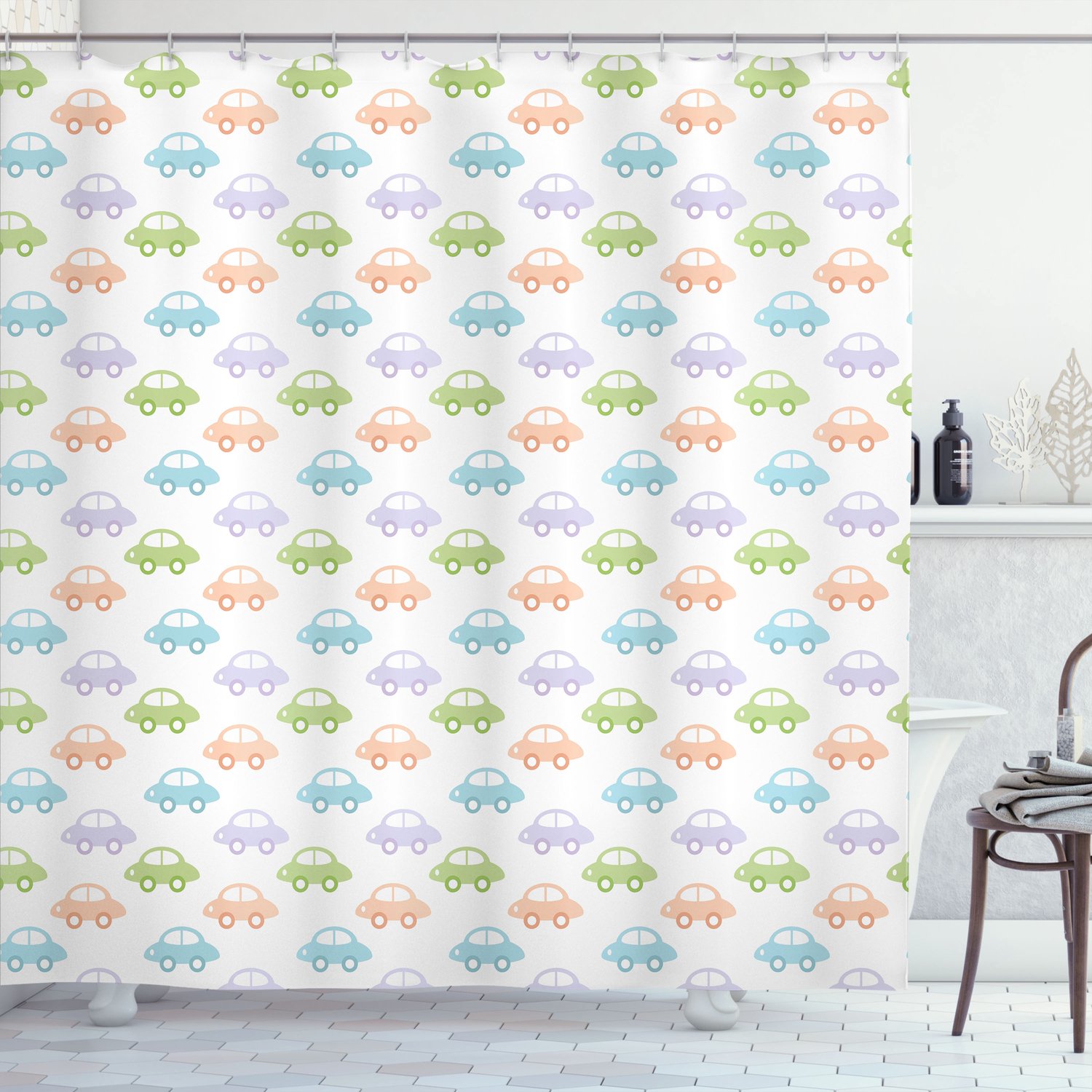 ABAKUHAUS Auto's Douchegordijn, Cartoondesign met Eenvoudig Autopatroon in Pasteltinten op Effen Achtergrond, Stoffen Badkamerdecoratieset met Haken, 175 B x 200 L, Groen Lichtlila Blauw