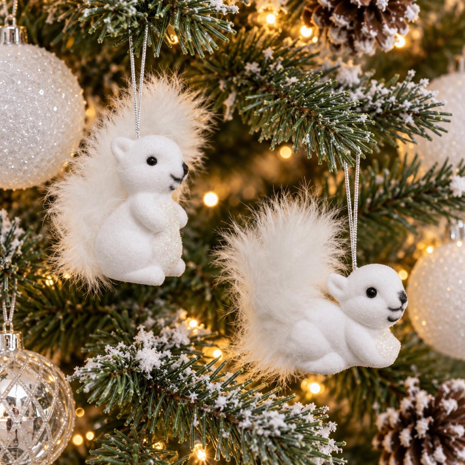 Decoris Eekhoorn kersthangers - 12x st - wit - 6 cm - kunststof - kerstversiering - kerstornamenten
