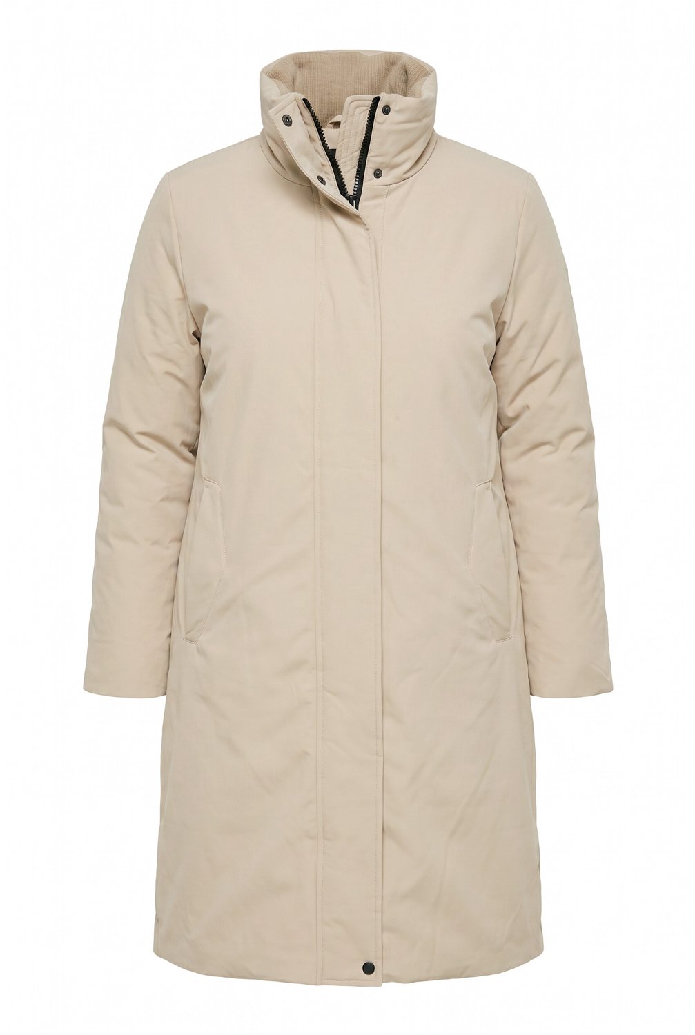 Ulla Popken - Dames - HYPRAR buffermantel A-lijn 2-weg rits opstaande kraag - Beige - Maat 58+