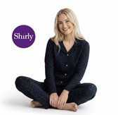Dames Pyjama set - Zwart Pyjamaset - Maat L - Katoen - Donker blauw pyjama voor vrouwen - Doorknoop - Lange mouw - Met broek